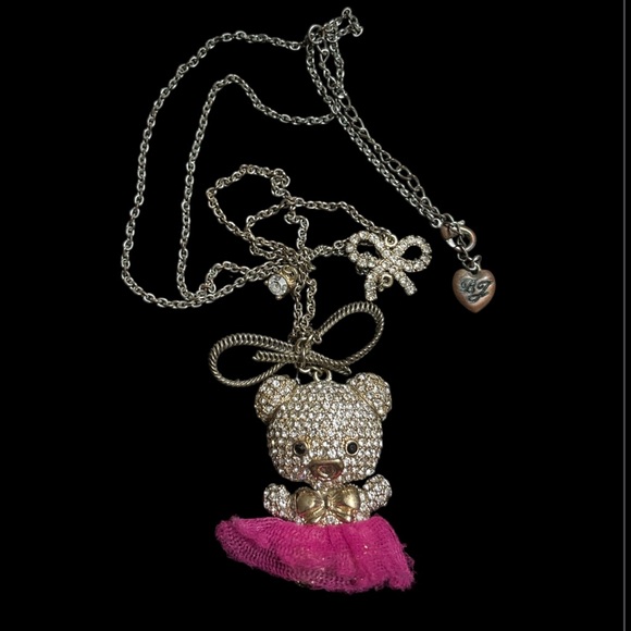 Betsey Johnson rhinestone, gold and Pink Teddy Bear Pendant Necklace - Picture 1 of 4